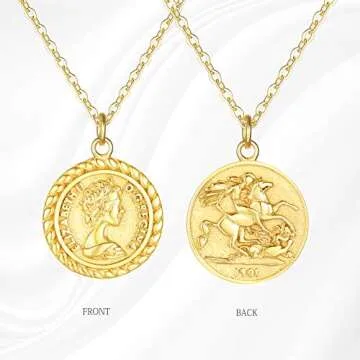 MEVECCO Carved Gold Coin Pendant Necklace for Women 18K Gold Plated Dainty Minimalist Necklace for Women