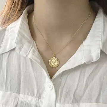 MEVECCO Carved Gold Coin Pendant Necklace for Women 18K Gold Plated Dainty Minimalist Necklace for Women