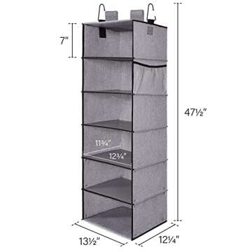 StorageWorks 6-Shelf Hanging Closet Organizer, Adjustable Length Hanging Shelves for Closet, Fabric, Gray, 12 ¼" D x 13 ½" W x 47 ½" H