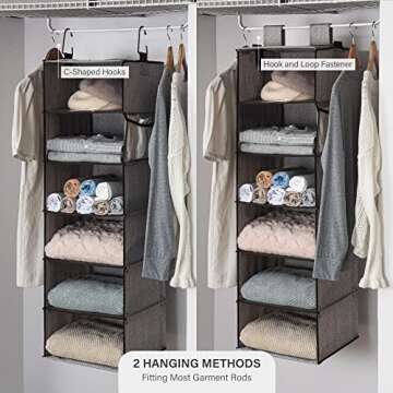 StorageWorks 6-Shelf Hanging Closet Organizer, Adjustable Length Hanging Shelves for Closet, Fabric, Gray, 12 ¼" D x 13 ½" W x 47 ½" H
