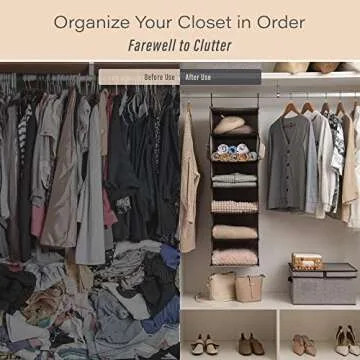 StorageWorks 6-Shelf Hanging Closet Organizer, Adjustable Length Hanging Shelves for Closet, Fabric, Gray, 12 ¼" D x 13 ½" W x 47 ½" H