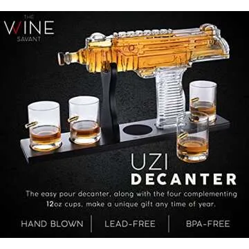 Uzi Submachine Gun Whiskey Gun Decanter and 4 Liquor Glasses - Tik Tok Gun Decanter & Glass Set - Gun Gifts for Men - Whiskey Decanter Set - Bourbon & Scotch Decanter - Firearm Shooting Gifts for Dad