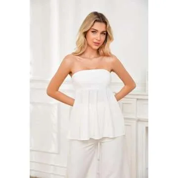 OLAPTA Women Strapless Bandeau Tube Top Ruffle Hem Off Shoulder Sleeveless Pleated Peplum Blouse Flowy Casual Going Out Tanks (Small,White)