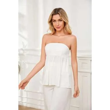 OLAPTA Women Strapless Bandeau Tube Top Ruffle Hem Off Shoulder Sleeveless Pleated Peplum Blouse Flowy Casual Going Out Tanks (Small,White)