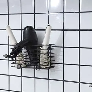 YCOCO Hair Dryer Holder - Wall Mount Metal Wire Organizer for Bathroom Hair Care Tools, Styling Tool Storage Basket for Dryers, Flat Irons, Curling Wands, Straighteners, Black