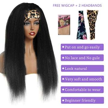 NAYOO 22 inch Kinky Straight Headband Wigs for Women Synthetic Head Wrap Wigs Easy to Wear Yaki Straight Wigs Natural Black (22 inch, 1B)