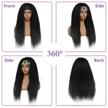 NAYOO 22 inch Kinky Straight Headband Wigs for Women Synthetic Head Wrap Wigs Easy to Wear Yaki Straight Wigs Natural Black (22 inch, 1B)