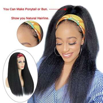 NAYOO 22 inch Kinky Straight Headband Wigs for Women Synthetic Head Wrap Wigs Easy to Wear Yaki Straight Wigs Natural Black (22 inch, 1B)