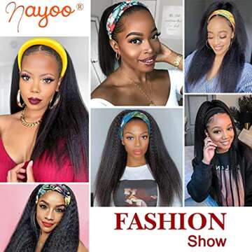 NAYOO 22 inch Kinky Straight Headband Wigs for Women Synthetic Head Wrap Wigs Easy to Wear Yaki Straight Wigs Natural Black (22 inch, 1B)