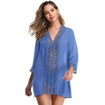 MiYang Women's Floral Lace Beach Bikini Swimwear Cover-up Sky Blue X-Large(US 10-12)