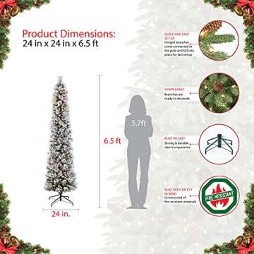 Puleo International 6.5 Foot Pre-Lit Flocked Portland Pine Pencil Artificial Christmas Tree with 300 UL-Listed Clear Lights