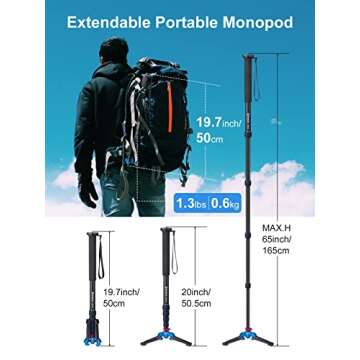 Camera Monopod, Moman MA65 Monopod with Feet Extendable Aluminum Pole with Tripod Stand Base for DSL...