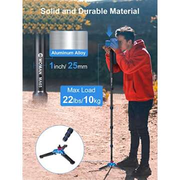 Camera Monopod, Moman MA65 Monopod with Feet Extendable Aluminum Pole with Tripod Stand Base for DSLR Camera Camcorder and Fill Light Max Load 22 Lbs, Camera-Monopod-Extendable-Portable-Aluminum