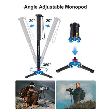 Camera Monopod, Moman MA65 Monopod with Feet Extendable Aluminum Pole with Tripod Stand Base for DSLR Camera Camcorder and Fill Light Max Load 22 Lbs, Camera-Monopod-Extendable-Portable-Aluminum