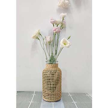 YISSEN Vintage Handwoven Seagrass Glass Vase, Square, Small