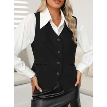 Dokotoo Women's Fashion Dressy Vest V Neck Buttons Side Pockets Business Casual Vests Versatile Outerwear Suit Waistcoats Black Medium