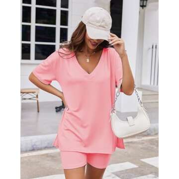 Ekouaer Womens Pajamas 2 Piece Lounge Sets Oversized V Neck T-Shirts Tops Biker Shorts Set Workout Reversible Tracksuit Orange Pink, Small