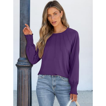 Dressy Casual Long Sleeve Pleated Blouses for Women 2024