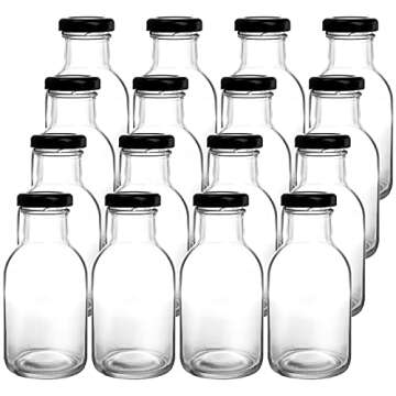 Kingrol 16 Pack 8 oz Hot Sauce Bottles with Leak Proof Screw Caps, Wide Mouth Glass Bottles with Lids for Milk, Beverages, Oil, Salad Dressing