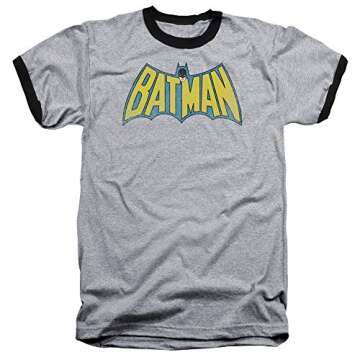 BATMAN Classic Logo Cartoon DC Comics Superhero Gray Adult Ringer T-Shirt Tee