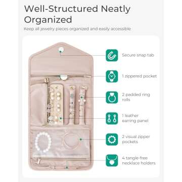 BAGSMART Travel Jewelry Organizer Case Foldable Jewelry Roll for Journey-Rings, Necklaces, Bracelets, Earrings, Light Pink