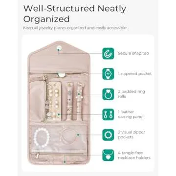 BAGSMART Travel Jewelry Organizer Case Foldable Jewelry Roll for Journey-Rings, Necklaces, Bracelets, Earrings, Light Pink
