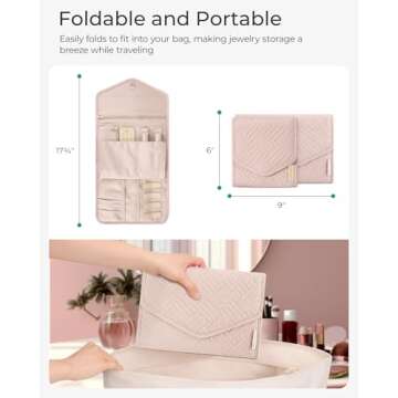 BAGSMART Travel Jewelry Organizer Case Foldable Jewelry Roll for Journey-Rings, Necklaces, Bracelets, Earrings, Light Pink
