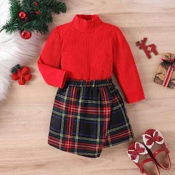 FYBITBO Toddler Little Girls Christmas Outfits Turtleneck Long Sleeve Sweater Shirt+Plaid Skirt Dress Fall Winter Clothes Set (Red-Plaid Skirt Outfit, 3-4T)