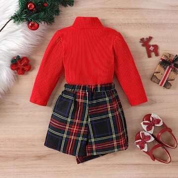 FYBITBO Toddler Little Girls Christmas Outfits Turtleneck Long Sleeve Sweater Shirt+Plaid Skirt Dress Fall Winter Clothes Set (Red-Plaid Skirt Outfit, 3-4T)