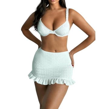 WDIRARA Women's Eyelet Embroidery Ruffle Hem Swimsuit Bikini Top and Skirt Set Two Piece Bathing Sui...
