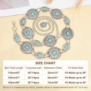 WHIPPY Women Concho Chain Belt Metal Link Western Cowgirl Turquoise Chain Belt for Dress