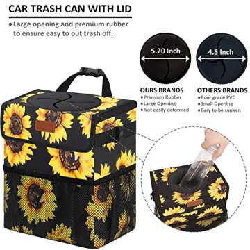 Vankor Cute Trash Can for Automotive Car, Trash Bag Bin Hanging Waterproof Leak Proof Vehicle Garbage Cans Sunflower