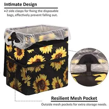 Vankor Cute Trash Can for Automotive Car, Trash Bag Bin Hanging Waterproof Leak Proof Vehicle Garbage Cans Sunflower