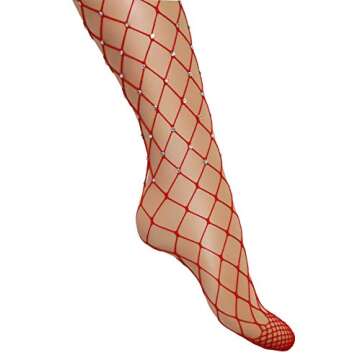 LUCKELF Women's Thigh High Stockings Rhinestone Fishnet Elastic Stockings Big Fish Net Tights Pantyhose (Red)