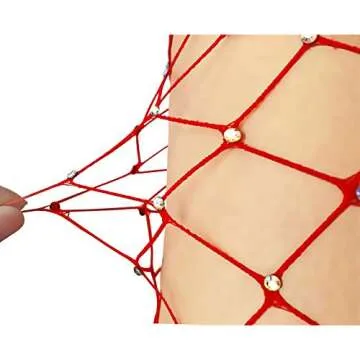 LUCKELF Women's Thigh High Stockings Rhinestone Fishnet Elastic Stockings Big Fish Net Tights Pantyhose (Red)