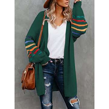 Dokotoo Womens Cardigan Sweaters Fashion 2024 Fall Balloon Long Sleeve Color Block Striped Sweaters Comfy Soft Open Front Cardigan Sweaters Green L