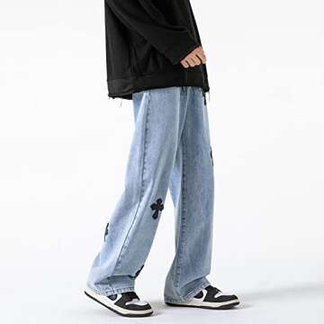 YADMISU Men's Baggy Wide Leg Jeans Hip-hop Cross Print Loose Fit Straight Denim Pants Trendy Streetw...