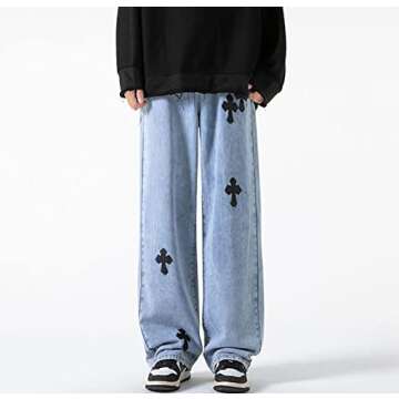 YADMISU Men's Baggy Wide Leg Jeans Hip-hop Cross Print Loose Fit Straight Denim Pants Trendy Streetwear Blue,M