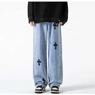 YADMISU Men's Baggy Wide Leg Jeans Hip-hop Cross Print Loose Fit Straight Denim Pants Trendy Streetwear Blue,M