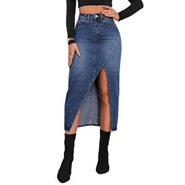 SweatyRocks Women's Casual Denim Skirt High Waist Split Front Long Jean Skirts Dark Blue M