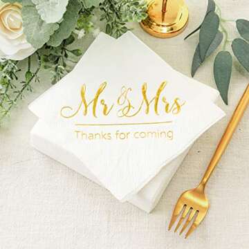 Crisky Napkins Mr and Mrs Gold Cocktail Beverage Dessert for Wedding Shower Engagement Party Decorat...