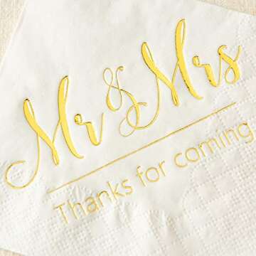 Crisky Napkins Mr and Mrs Gold Cocktail Beverage Dessert for Wedding Shower Engagement Party Decorations, Cake Table Decor Supplies. 100 Pcs, 3-Ply