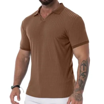Askdeer Men's Muscle Polo Shirts V Neck Slim Fit Ribbed T Shirt Short Sleeve Golf Collar Shirt Knit ...