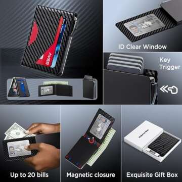 Vbcaxa Wallet for Men - Slim Leather Mens Wallet with Cash Slot, Pop-up Card Slot, Credit Card Slot - RFID Blocking Wallet Front Pocket with ID Window (Carbon Fiber)
