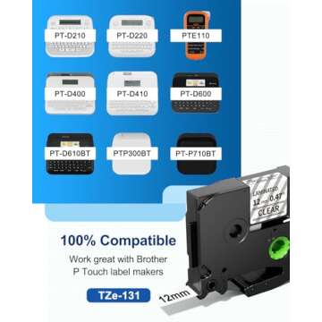 TZe Tz Tape 12mm 0.47 Laminated Clear TZe-131 Compatible with Brother P Touch Label Maker Refills Tr...