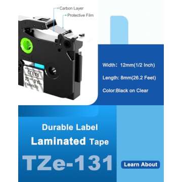 TZe Tz Tape 12mm 0.47 Laminated Clear TZe-131 Compatible with Brother P Touch Label Maker Refills Transparent Black on Clear Tape, Work with Brother Ptouch PT-D210 H110 D220 1800 1880C 1900, 4-Pack