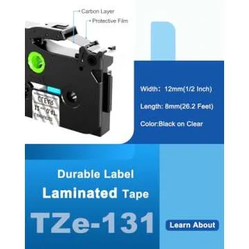 TZe Tz Tape 12mm 0.47 Laminated Clear TZe-131 Compatible with Brother P Touch Label Maker Refills Transparent Black on Clear Tape, Work with Brother Ptouch PT-D210 H110 D220 1800 1880C 1900, 4-Pack