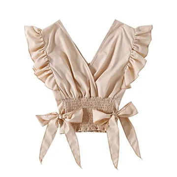 LYANER Women's V Neck Ruffle Cap Sleeve Shirred Hem Blouse Crop Tank Top Beige Small