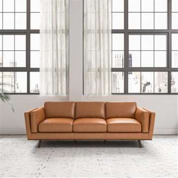 Pemberly Row Mid Century Modern 89" Genuine Cognac Tan Pure Italian Leather Sofa Couches for Living ...