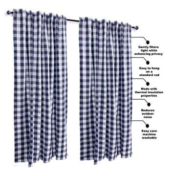 Ramanta Home Gingham Check Window Curtain Panel, 100% Cotton, Navy/White, Cotton Curtains, 2 Panels Curtain, Tab Top Curtains, 50x96 Inches, Set of 2